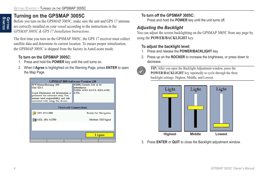 Turning on the gpsmap 3005c, Adjusting the backlight | Garmin GPSMAP 3005C User Manual | Page 12 / 124