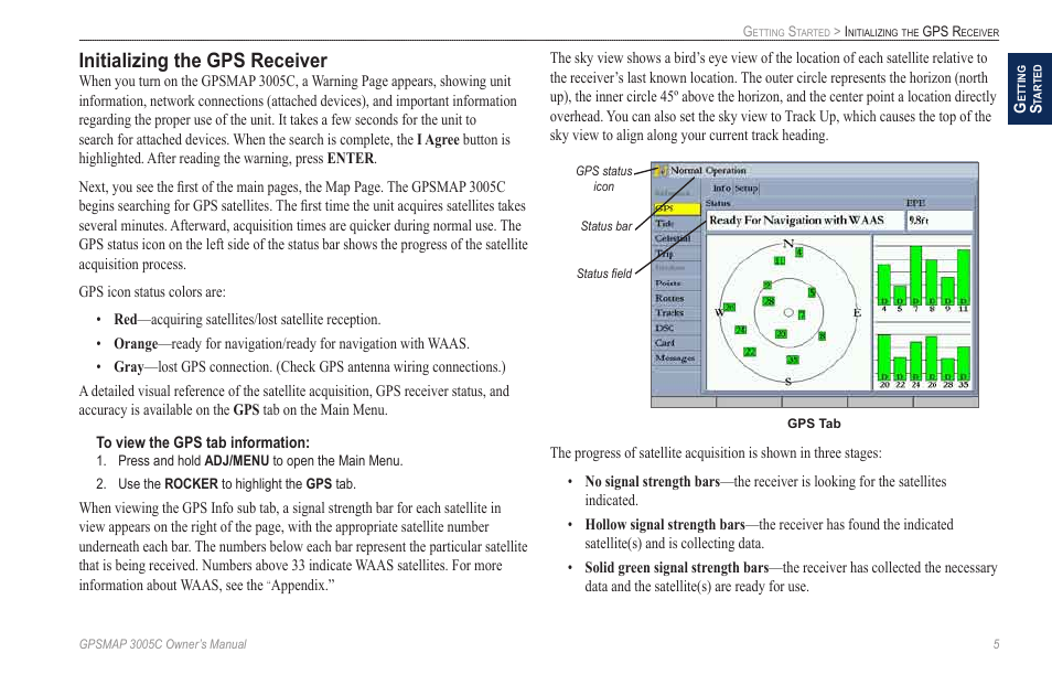 Initializing the gps receiver | Garmin GPSMAP 3005C User Manual | Page 13 / 124