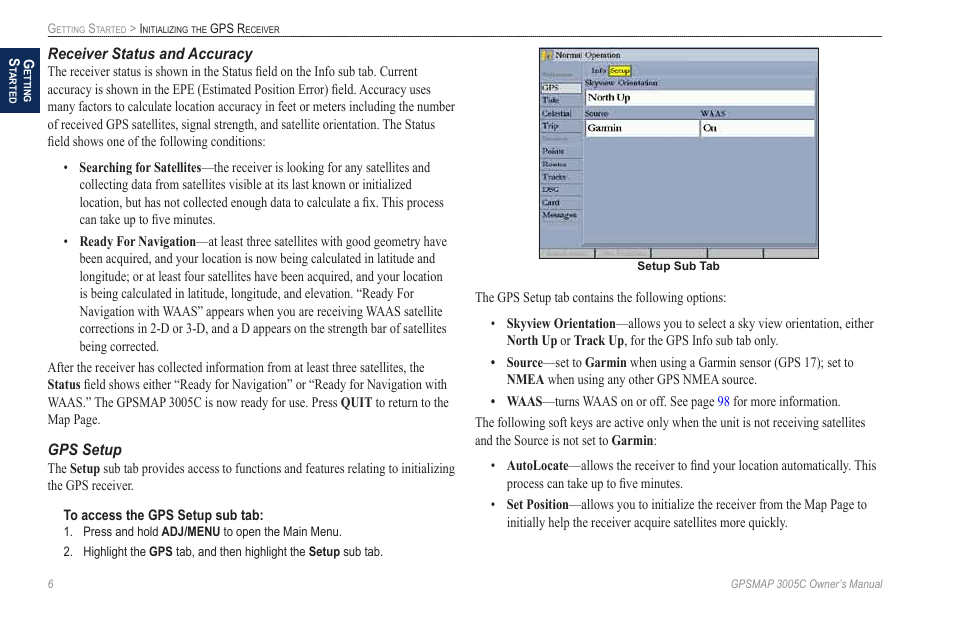Receiver status and accuracy, Gps setup | Garmin GPSMAP 3005C User Manual | Page 14 / 124