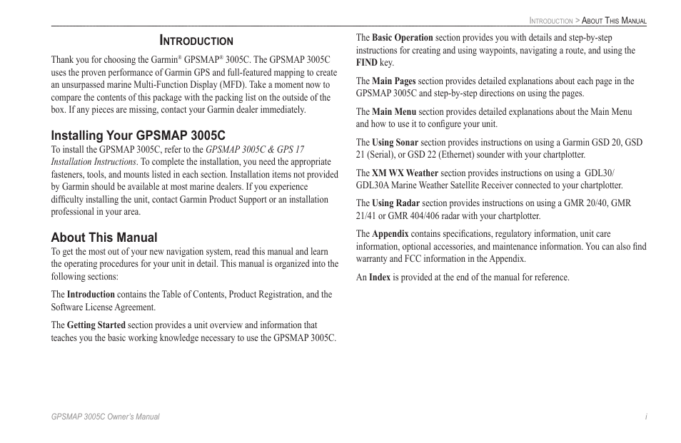 Introduction, Installing your gpsmap 3005c, About this manual | Garmin GPSMAP 3005C User Manual | Page 3 / 124