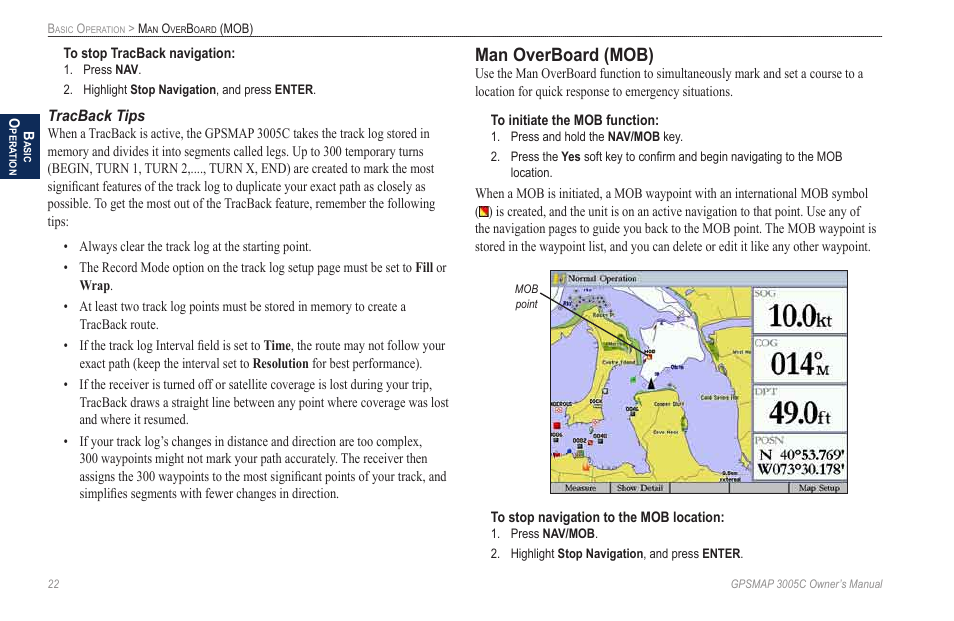 Tracback tips, Man overboard (mob) | Garmin GPSMAP 3005C User Manual | Page 30 / 124