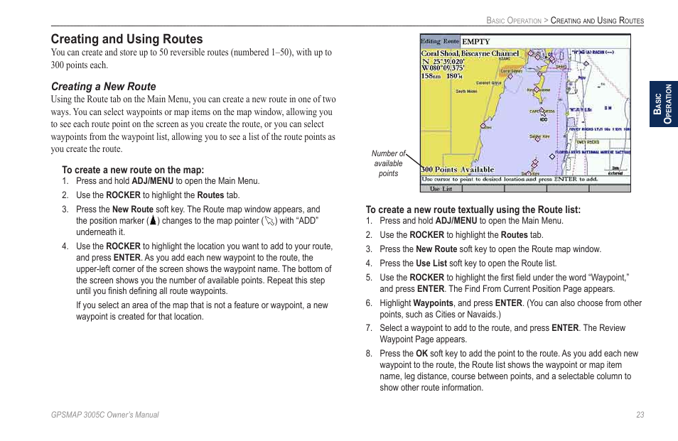 Creating and using routes, Creating a new route | Garmin GPSMAP 3005C User Manual | Page 31 / 124