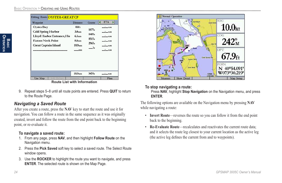 Navigating a saved route | Garmin GPSMAP 3005C User Manual | Page 32 / 124