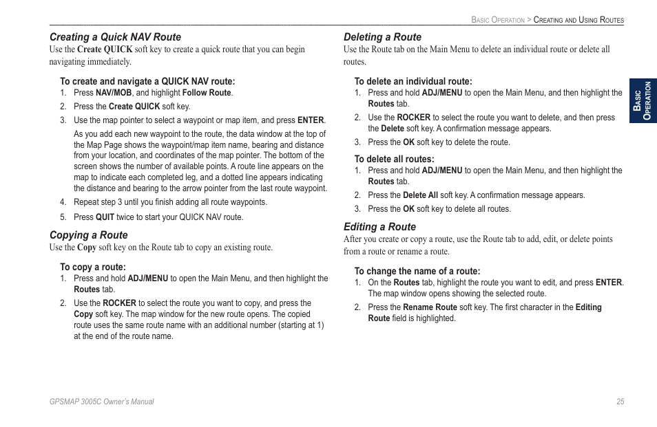 Creating a quick nav route, Copying a route, Deleting a route | Editing a route | Garmin GPSMAP 3005C User Manual | Page 33 / 124