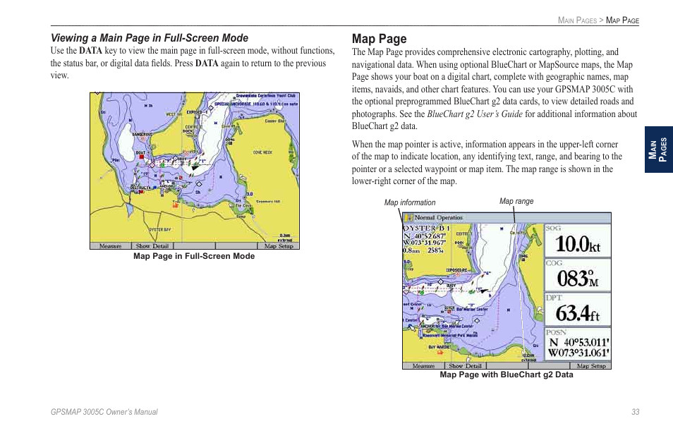 Map page, Viewing a main page in full-screen mode | Garmin GPSMAP 3005C User Manual | Page 41 / 124