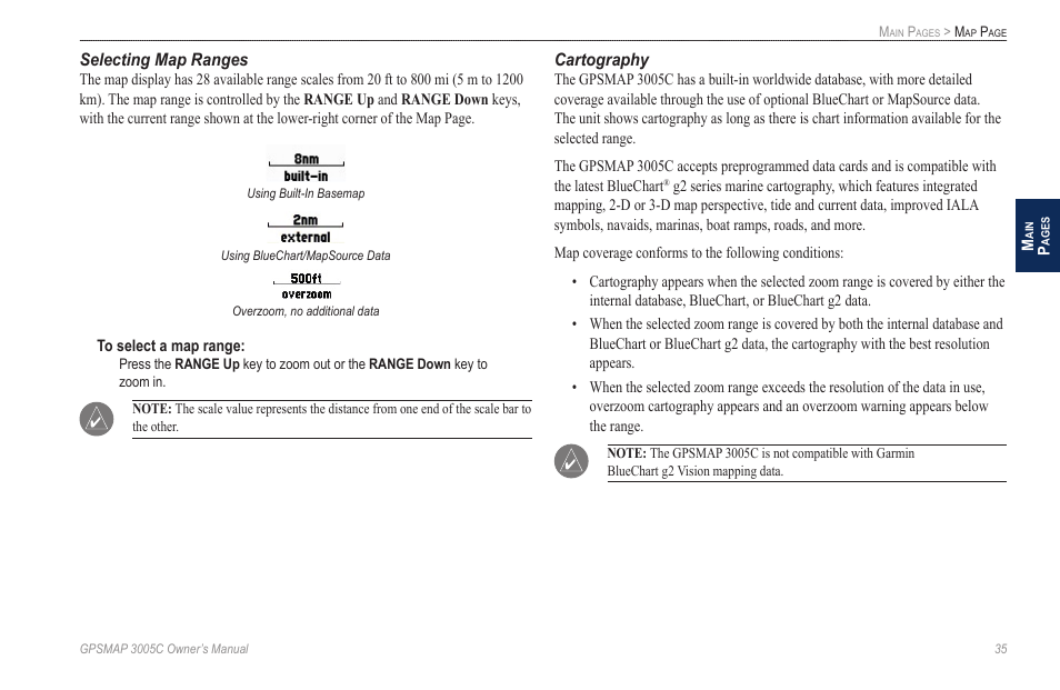 Selecting map ranges, Cartography | Garmin GPSMAP 3005C User Manual | Page 43 / 124