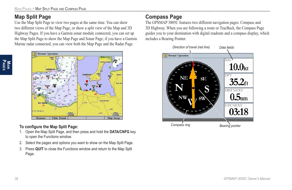 Map split page, Compass page | Garmin GPSMAP 3005C User Manual | Page 46 / 124