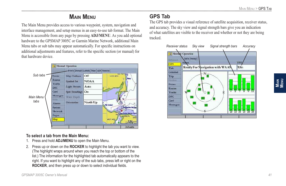 Main menu, Gps tab | Garmin GPSMAP 3005C User Manual | Page 49 / 124