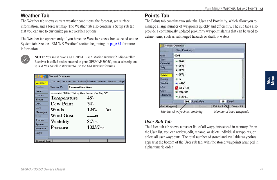 Weather tab, Points tab, User sub tab | Garmin GPSMAP 3005C User Manual | Page 55 / 124