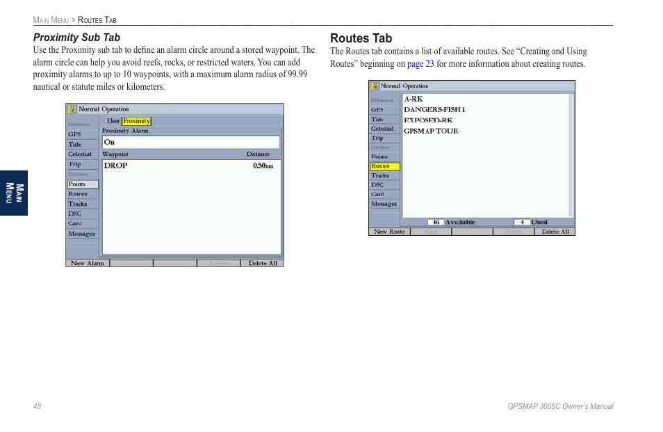 Routes tab, Proximity sub tab | Garmin GPSMAP 3005C User Manual | Page 56 / 124