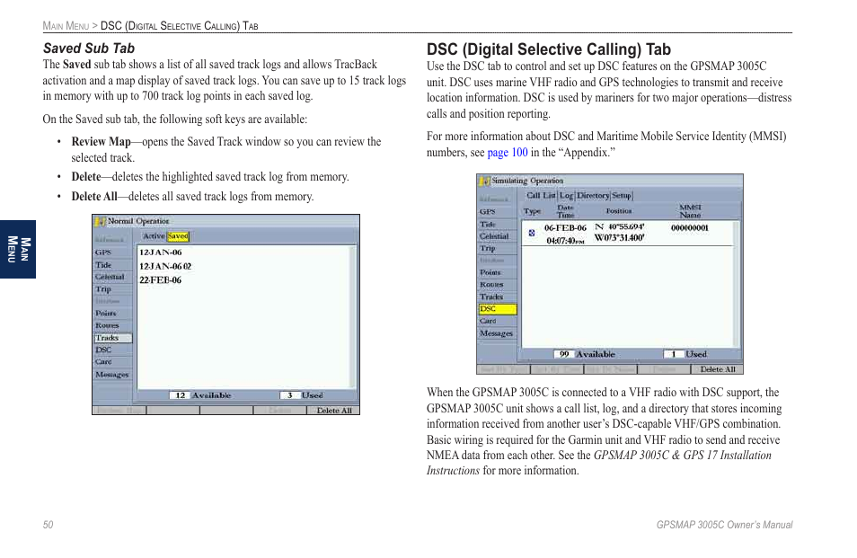 Dsc (digital selective calling) tab | Garmin GPSMAP 3005C User Manual | Page 58 / 124