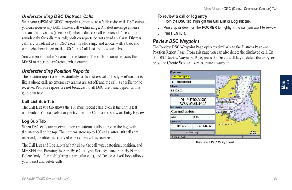 Understanding dsc distress calls, Understanding position reports, Review dsc waypoint | Garmin GPSMAP 3005C User Manual | Page 59 / 124