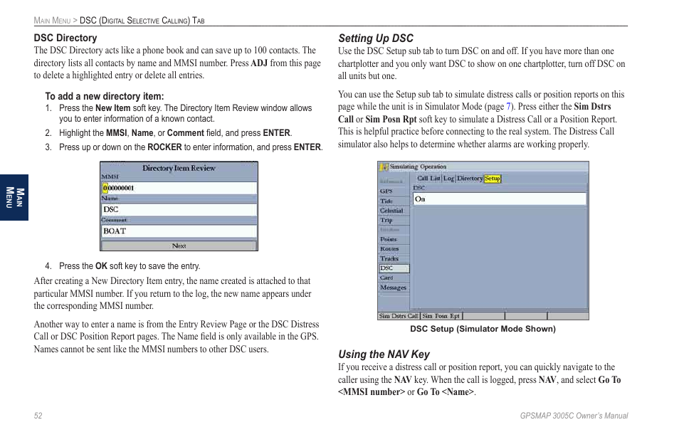 Setting up dsc, Using the nav key | Garmin GPSMAP 3005C User Manual | Page 60 / 124
