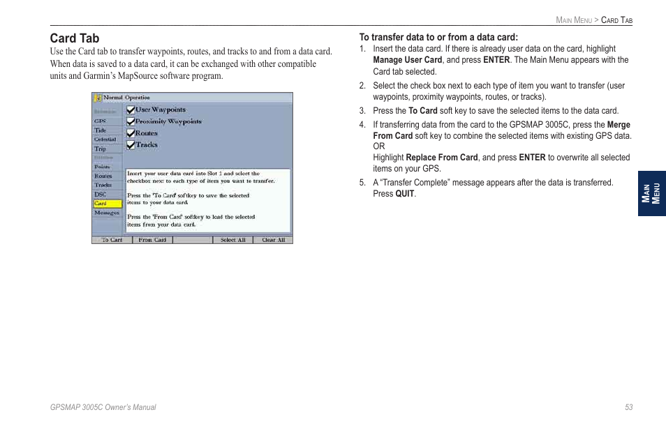 Card tab | Garmin GPSMAP 3005C User Manual | Page 61 / 124