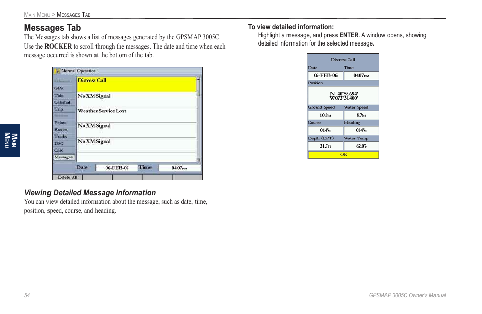 Messages tab, Viewing detailed message information | Garmin GPSMAP 3005C User Manual | Page 62 / 124