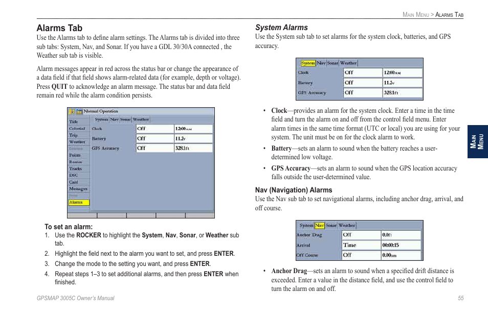 Alarms tab, System alarms | Garmin GPSMAP 3005C User Manual | Page 63 / 124