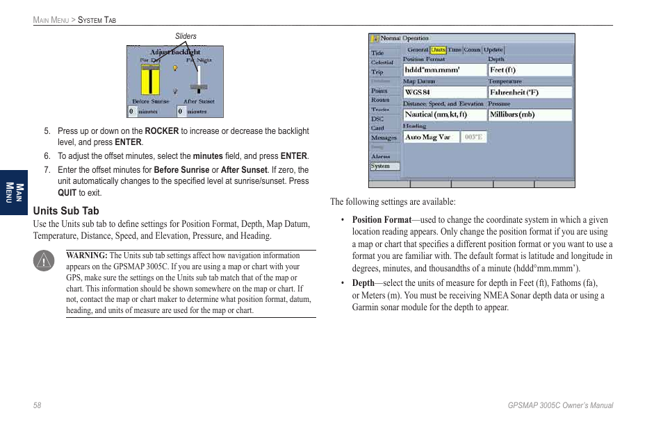 Units sub tab | Garmin GPSMAP 3005C User Manual | Page 66 / 124
