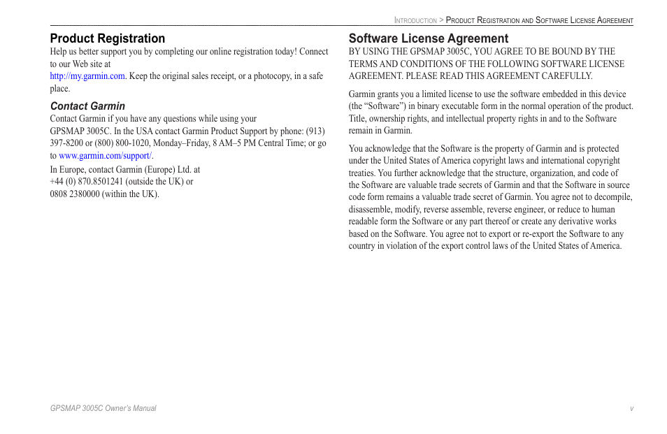 Product registration, Contact garmin, Software license agreement | Garmin GPSMAP 3005C User Manual | Page 7 / 124