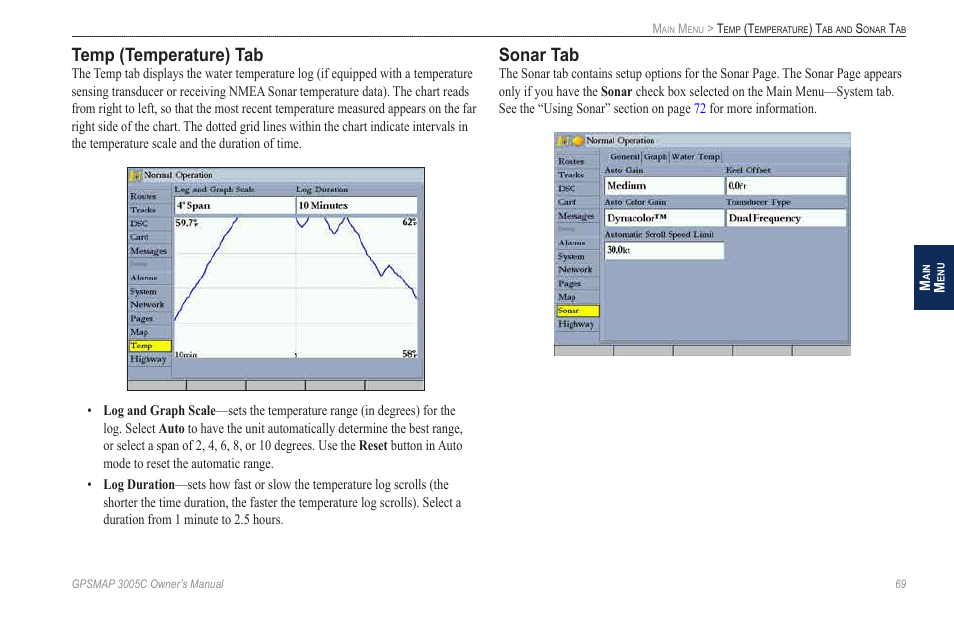 Temp (temperature) tab, Sonar tab | Garmin GPSMAP 3005C User Manual | Page 77 / 124