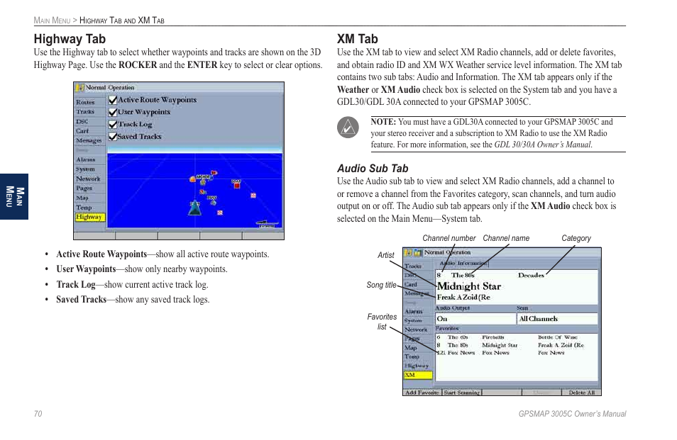 Highway tab, Xm tab, Audio sub tab | Garmin GPSMAP 3005C User Manual | Page 78 / 124
