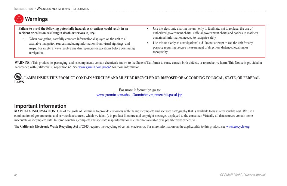 Warnings, Important information, Warnings important information | Garmin GPSMAP 3005C User Manual | Page 8 / 124