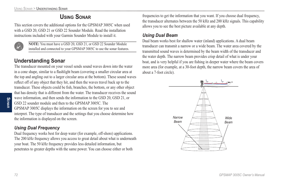 Using sonar, Understanding sonar, Using dual frequency | Using dual beam | Garmin GPSMAP 3005C User Manual | Page 80 / 124