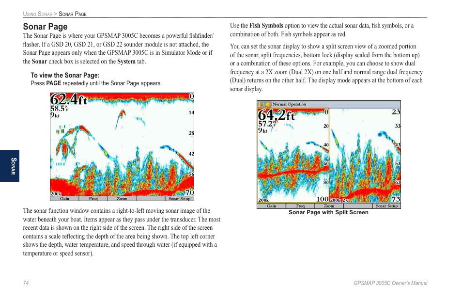 Sonar page | Garmin GPSMAP 3005C User Manual | Page 82 / 124