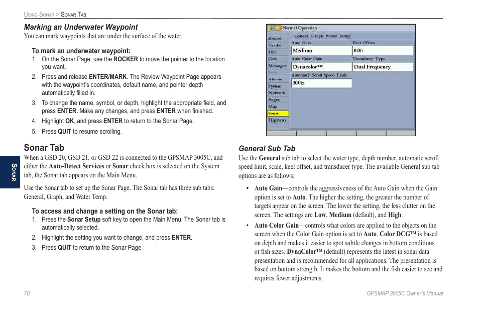 Marking an underwater waypoint, Sonar tab, General sub tab | Garmin GPSMAP 3005C User Manual | Page 86 / 124