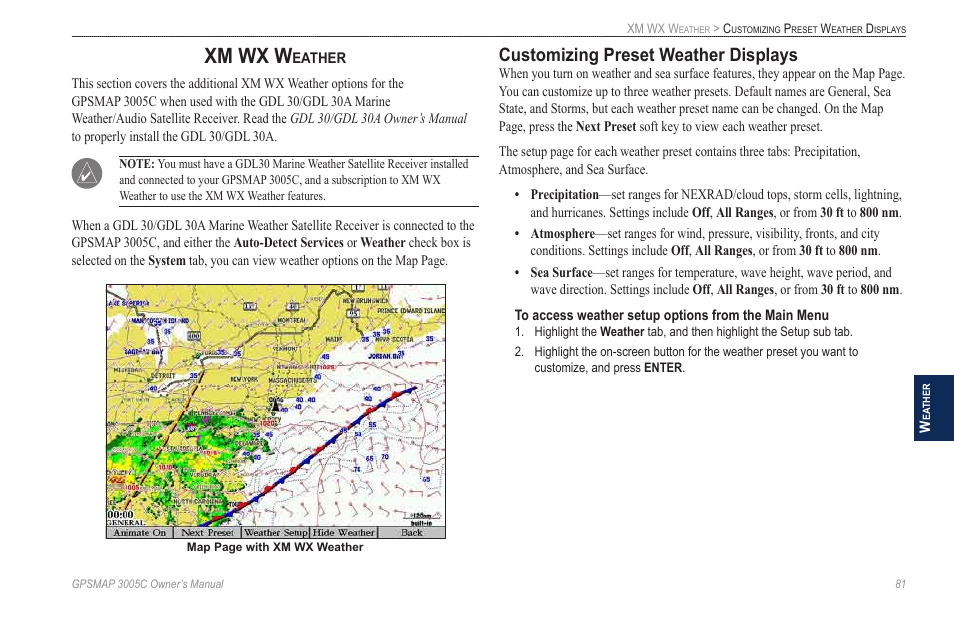 Xm wx weather, Customizing preset weather displays, Xm wx w | Garmin GPSMAP 3005C User Manual | Page 89 / 124