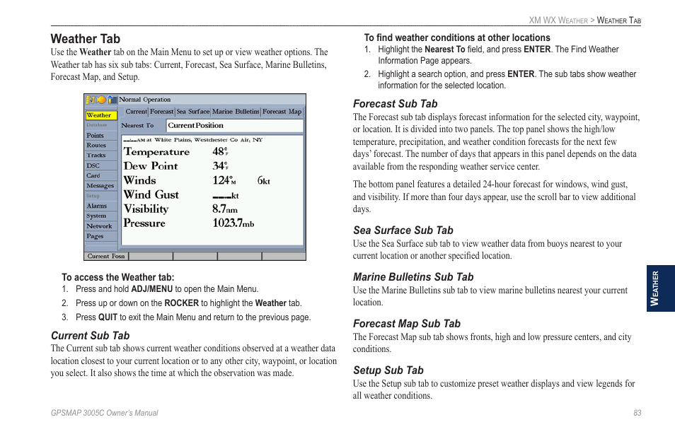 Weather tab, Marine bulletins sub tab | Garmin GPSMAP 3005C User Manual | Page 91 / 124