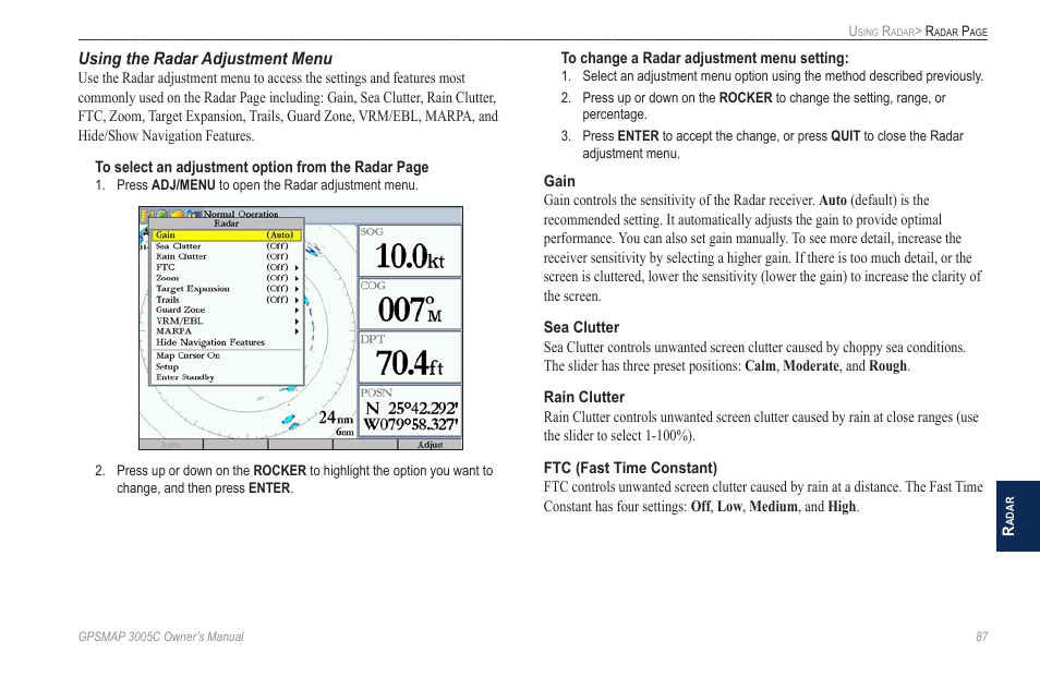 Using the radar adjustment menu | Garmin GPSMAP 3005C User Manual | Page 95 / 124