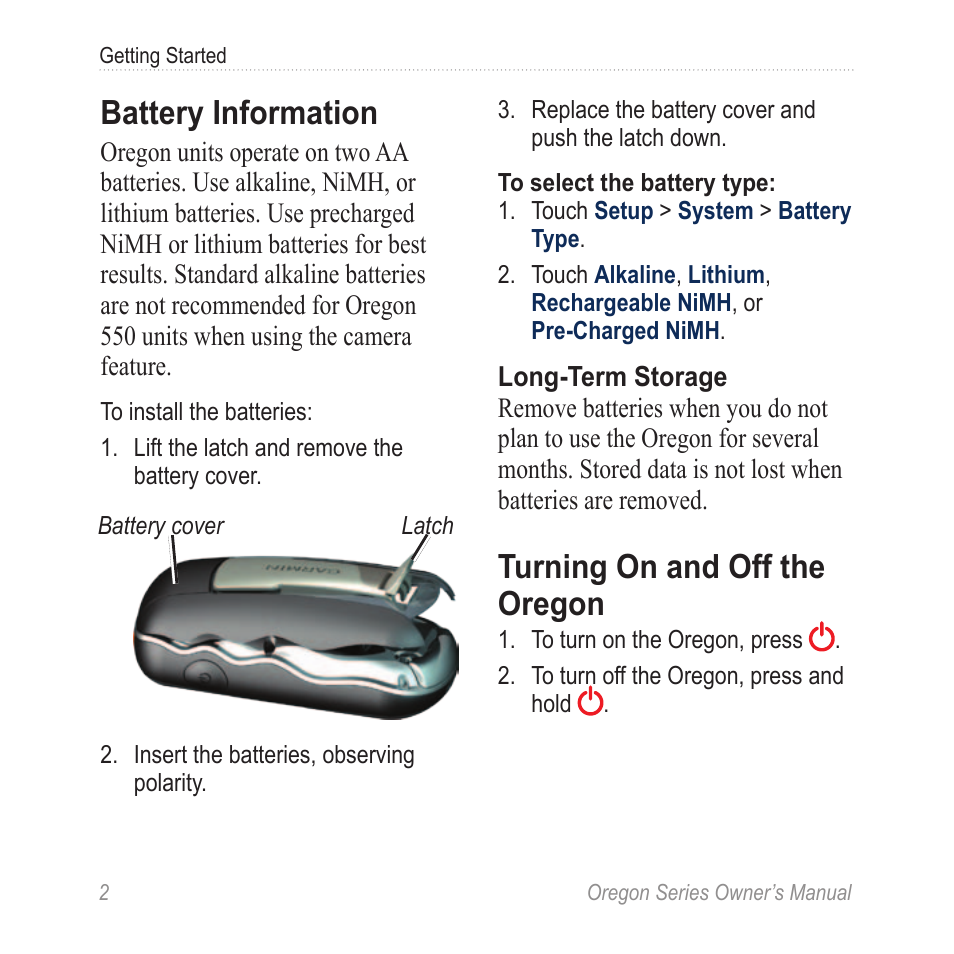 Battery information, Turning on and off the, Oregon | Turning on and off the oregon | Garmin Oregon 400t User Manual | Page 10 / 56