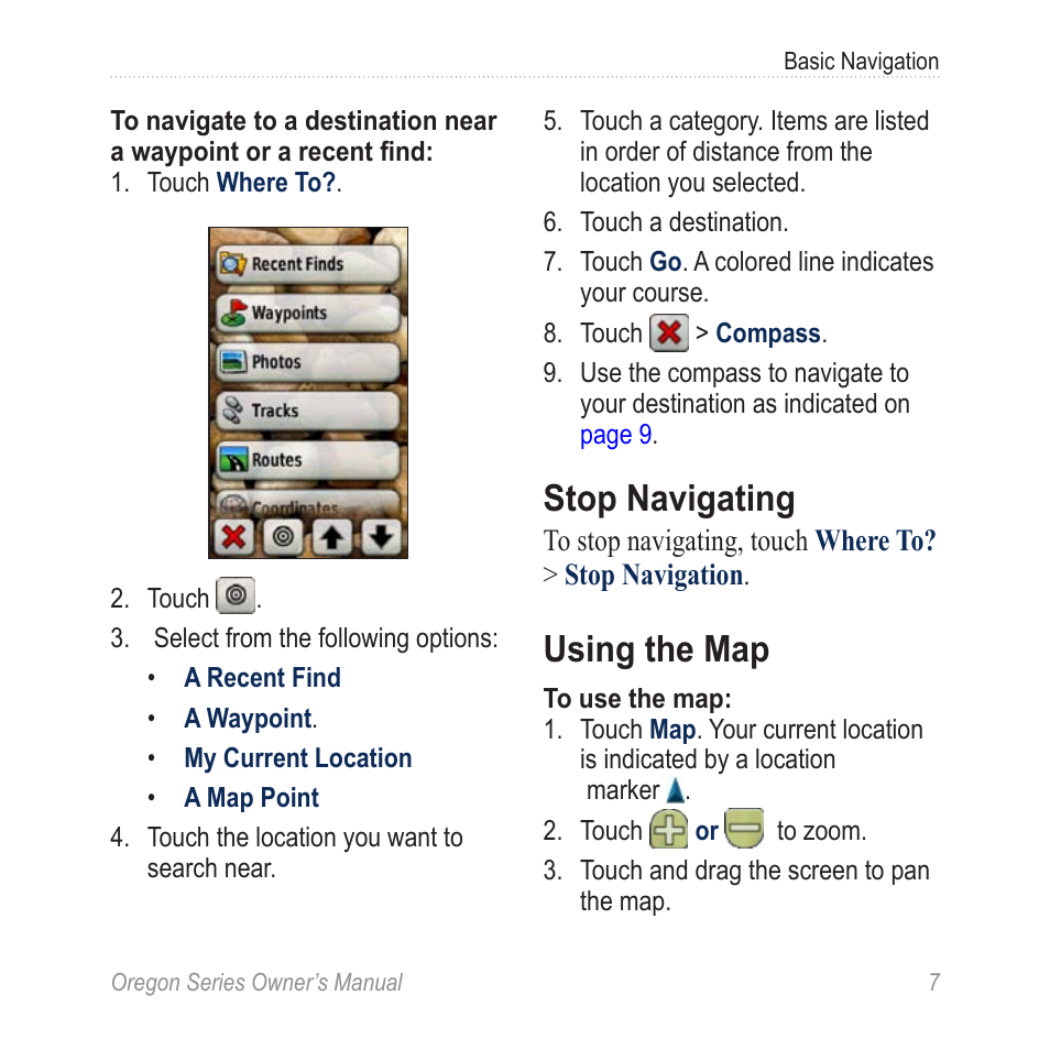 Stop navigating, Using the map | Garmin Oregon 400t User Manual | Page 15 / 56