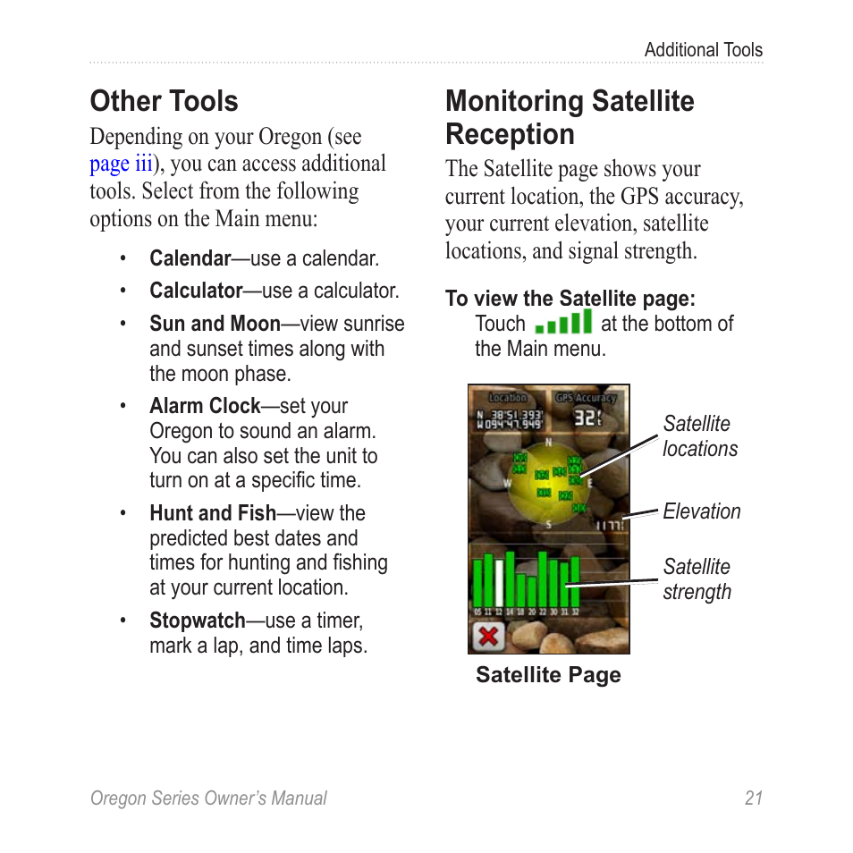 Other tools, Monitoring satellite, Reception | Monitoring satellite reception | Garmin Oregon 400t User Manual | Page 29 / 56