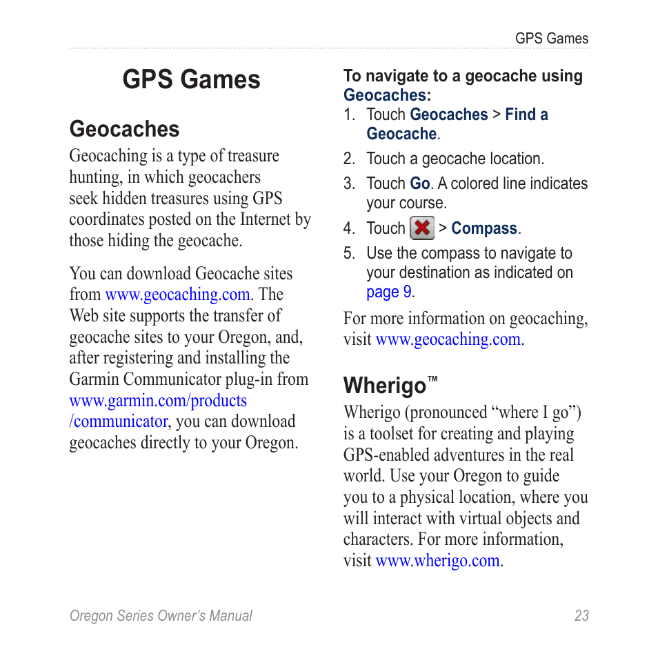 Gps games, Geocaches, Wherigo | Garmin Oregon 400t User Manual | Page 31 / 56