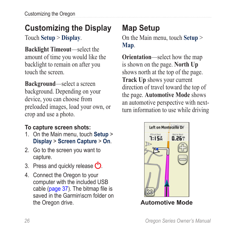 Customizing the display, Map setup | Garmin Oregon 400t User Manual | Page 34 / 56