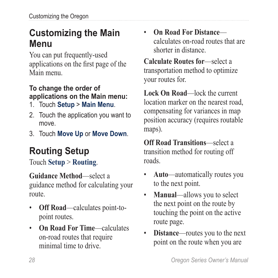 Customizing the main menu, Routing setup | Garmin Oregon 400t User Manual | Page 36 / 56