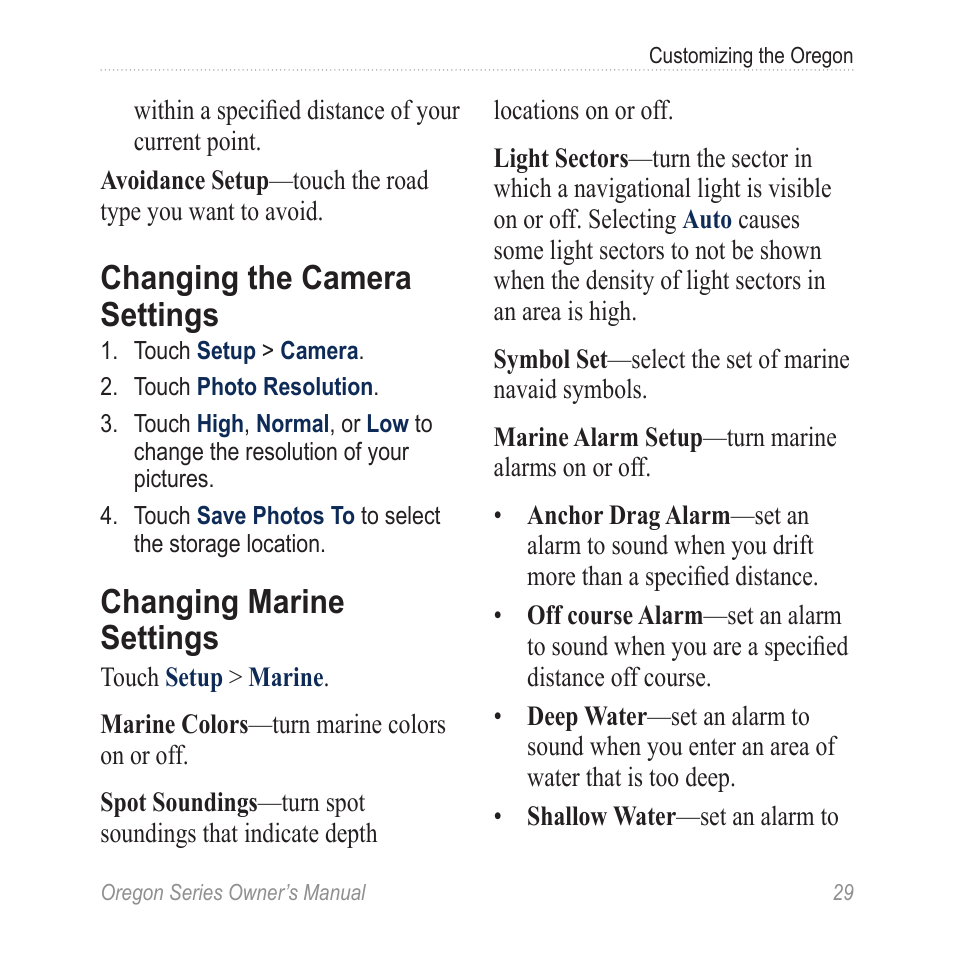 Changing the camera, Settings, Changing marine settings | Changing the camera settings | Garmin Oregon 400t User Manual | Page 37 / 56