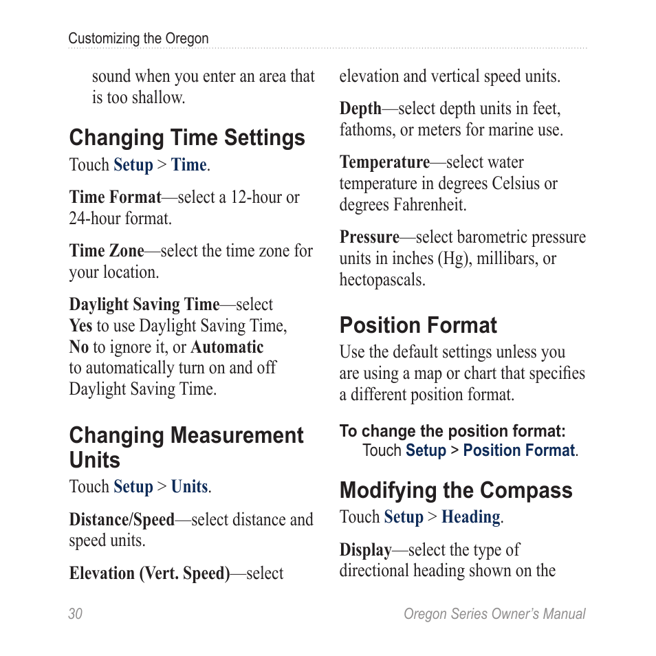 Changing time settings, Changing measurement units, Position format | Modifying the compass | Garmin Oregon 400t User Manual | Page 38 / 56