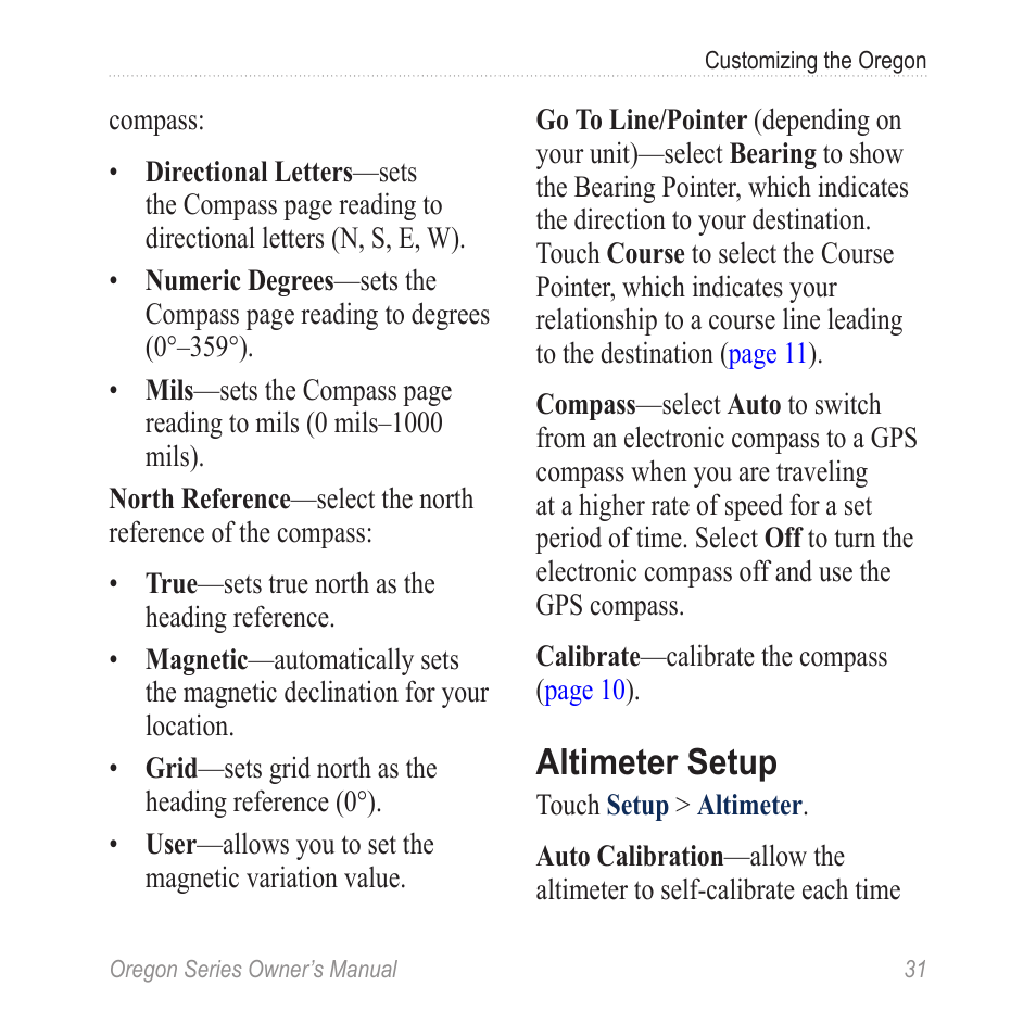 Position format, Modifying the compass, Altimeter setup | Garmin Oregon 400t User Manual | Page 39 / 56