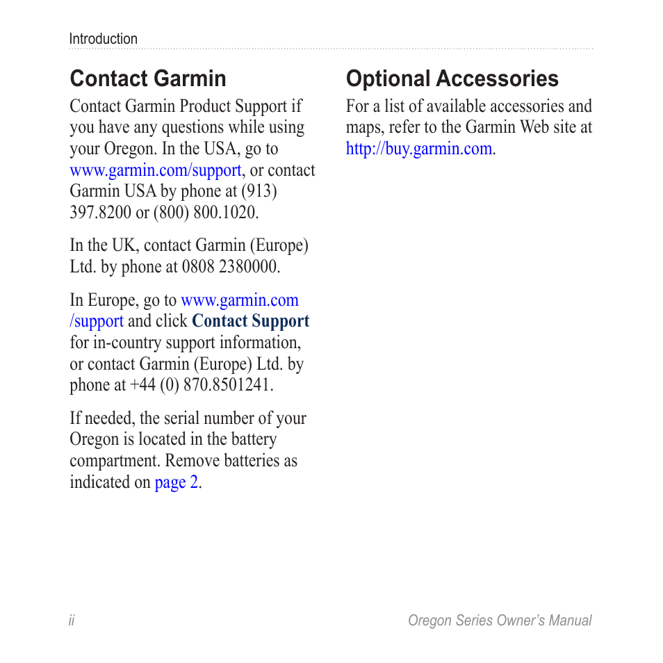 Contact garmin, Optional accessories | Garmin Oregon 400t User Manual | Page 4 / 56