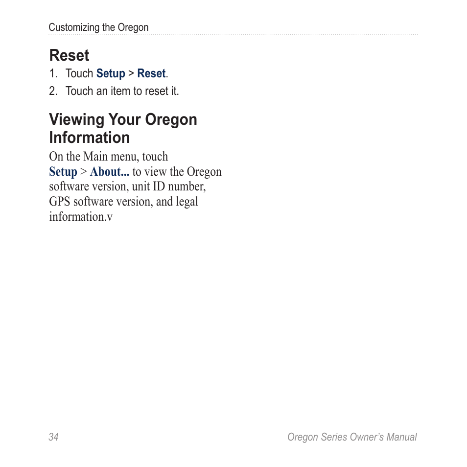 Reset, Viewing your oregon, Information | Viewing your oregon information | Garmin Oregon 400t User Manual | Page 42 / 56