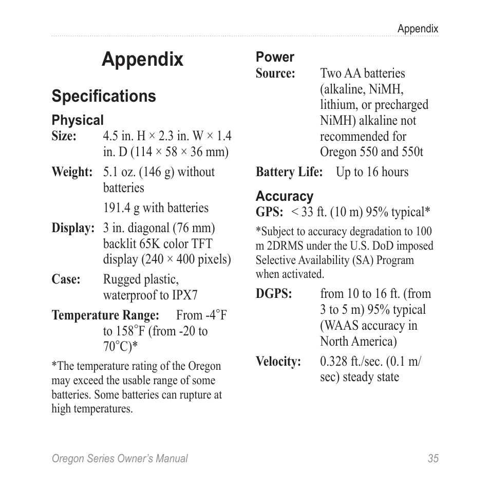 Appendix, Specifications | Garmin Oregon 400t User Manual | Page 43 / 56