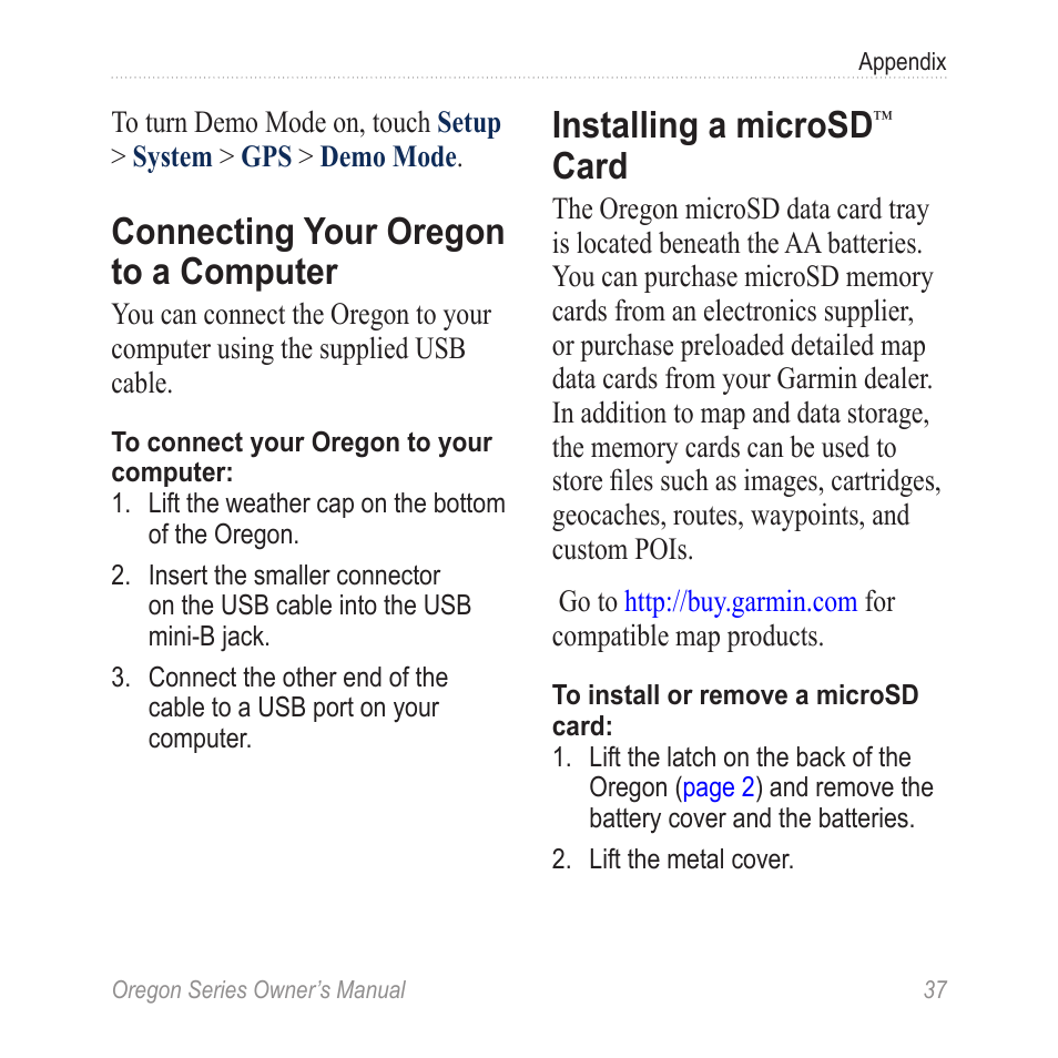 Connecting your oregon to a, Computer, Installing a microsd | Card, Connecting your oregon to a computer | Garmin Oregon 400t User Manual | Page 45 / 56