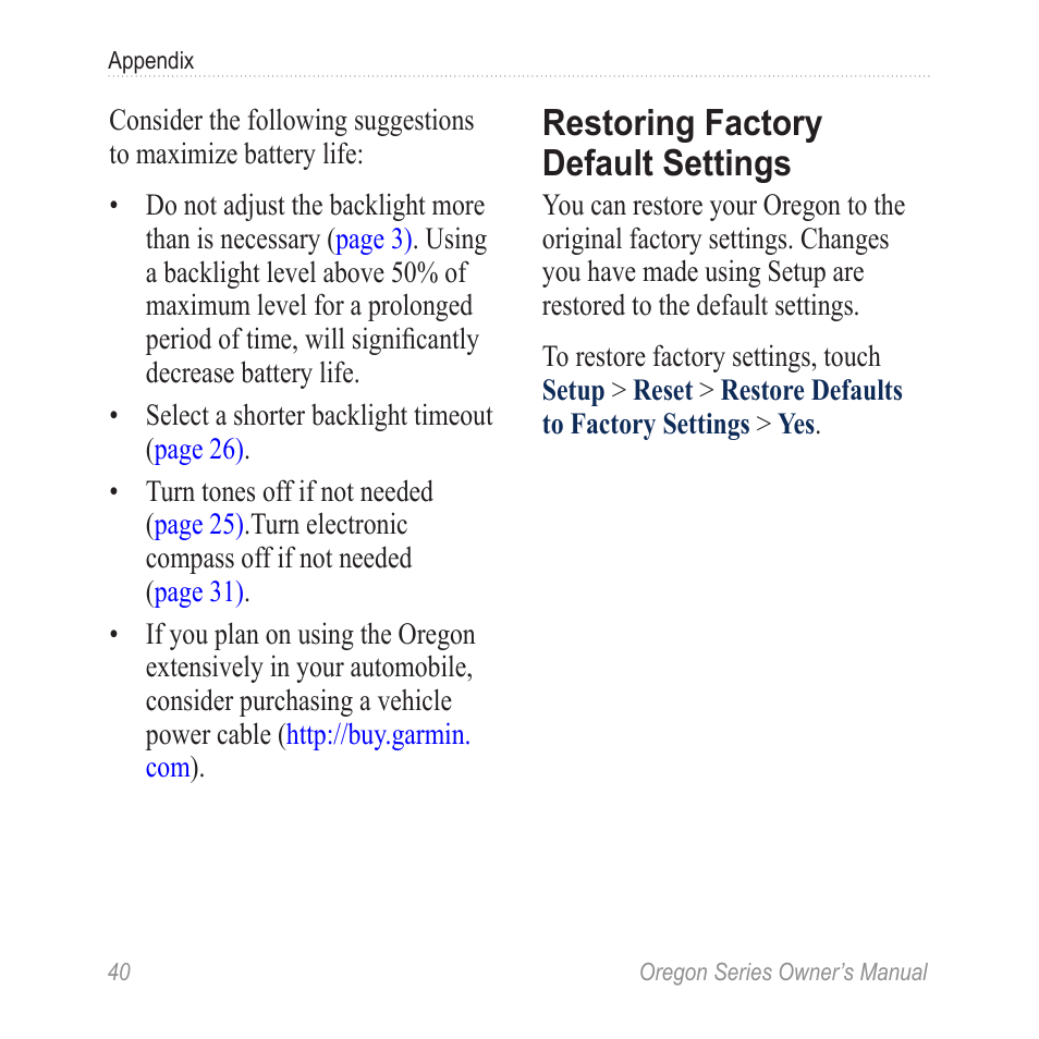 Restoring factory default, Settings, Restoring factory default settings | Garmin Oregon 400t User Manual | Page 48 / 56