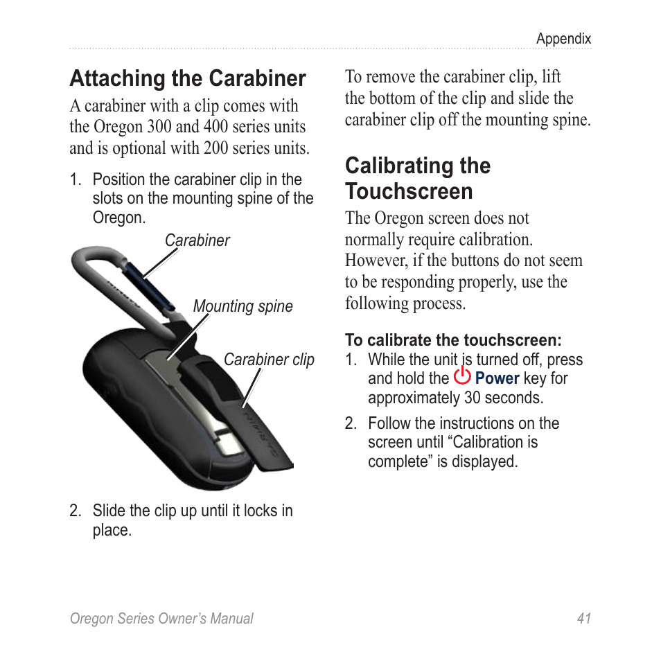 Attaching the carabiner, Calibrating the touchscreen | Garmin Oregon 400t User Manual | Page 49 / 56