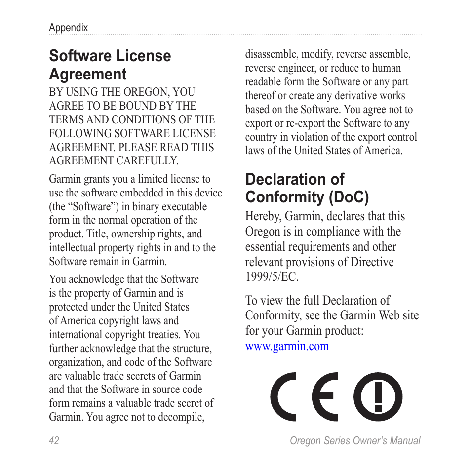 Software license agreement, Declaration of conformity, Doc) | Declaration of conformity (doc) | Garmin Oregon 400t User Manual | Page 50 / 56