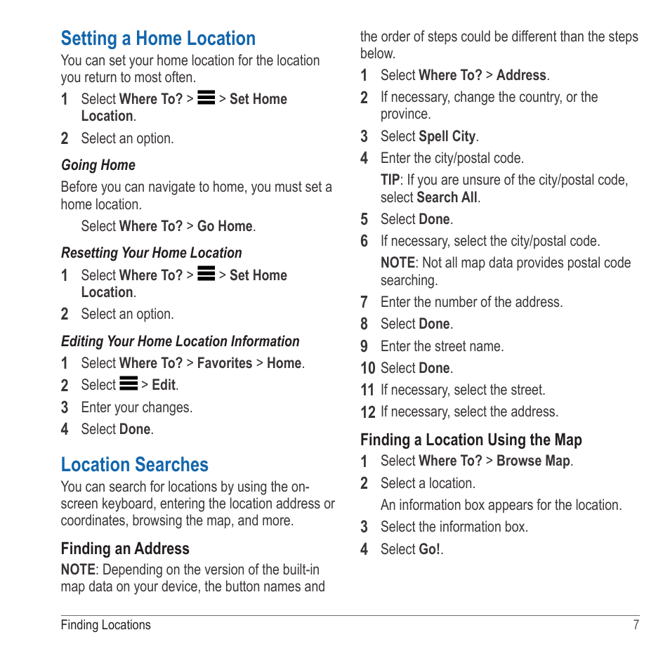 Setting a home location, Location searches | Garmin nuvi 2580TV User Manual | Page 11 / 36