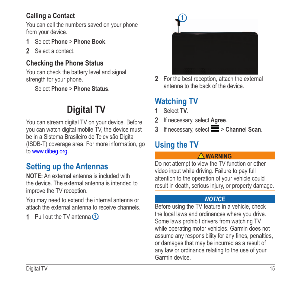 Digital tv, Setting up the antennas, Watching tv | Using the tv | Garmin nuvi 2580TV User Manual | Page 19 / 36