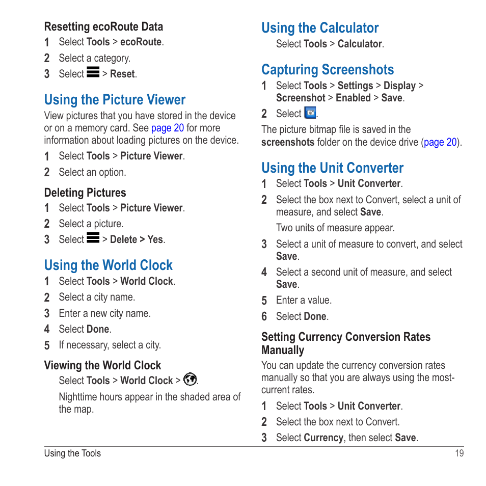 Using the picture viewer, Using the world clock, Using the calculator | Capturing screenshots, Using the unit converter | Garmin nuvi 2580TV User Manual | Page 23 / 36